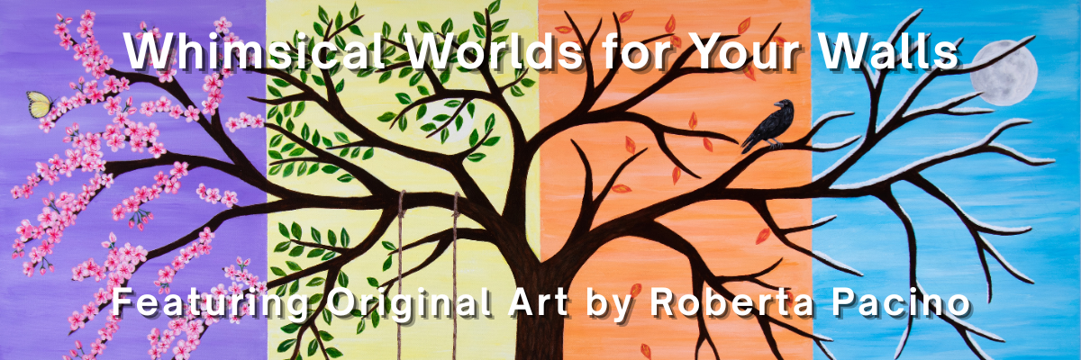 Hero banner featuring Roberta Pacino’s “Four Seasons Tree of Life” acrylic painting—a whimsical tree showing all four seasons, used to introduce her whimsical art prints for the home.