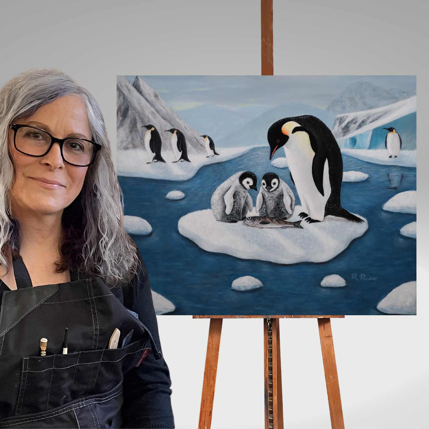 Icy Love – Whimsical Penguin Family Art, Antarctic Scene, by Roberta Pacino