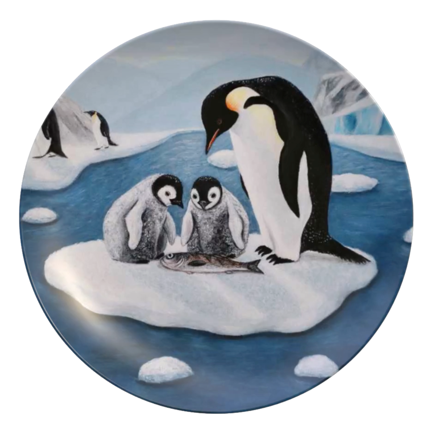 Icy Love dinner plate featuring an emperor penguin and two chicks by Roberta Pacino