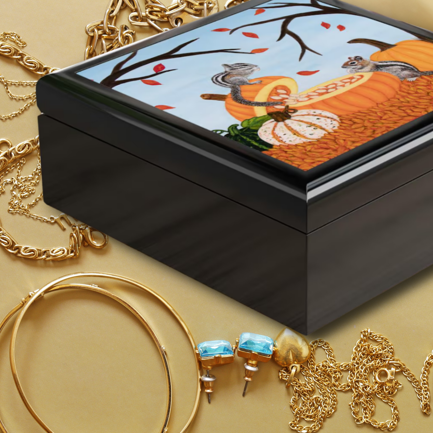 Pumpkin Patch Pals Jewelry Box – Autumn Animal Art by Roberta Pacino