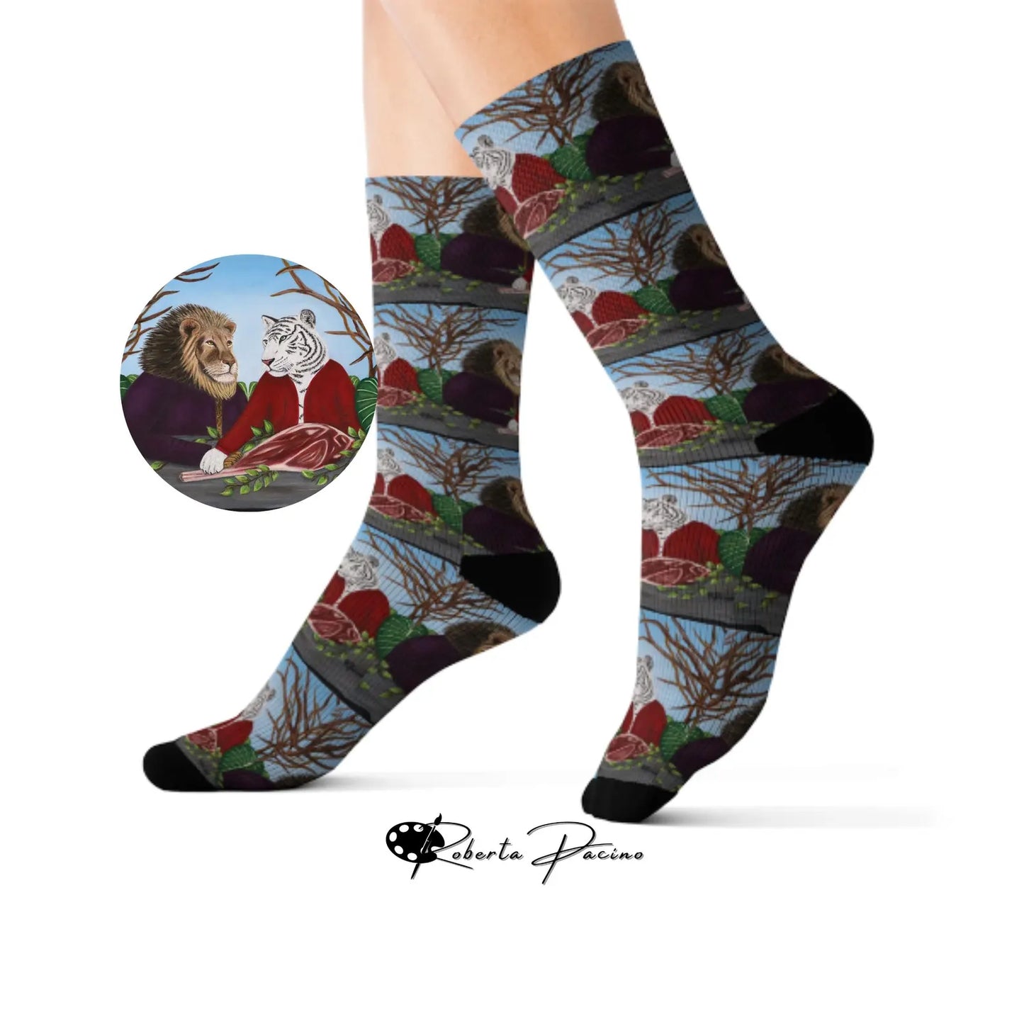 King’s Table Lion & Tiger Socks – Big Cat Art by Roberta Pacino