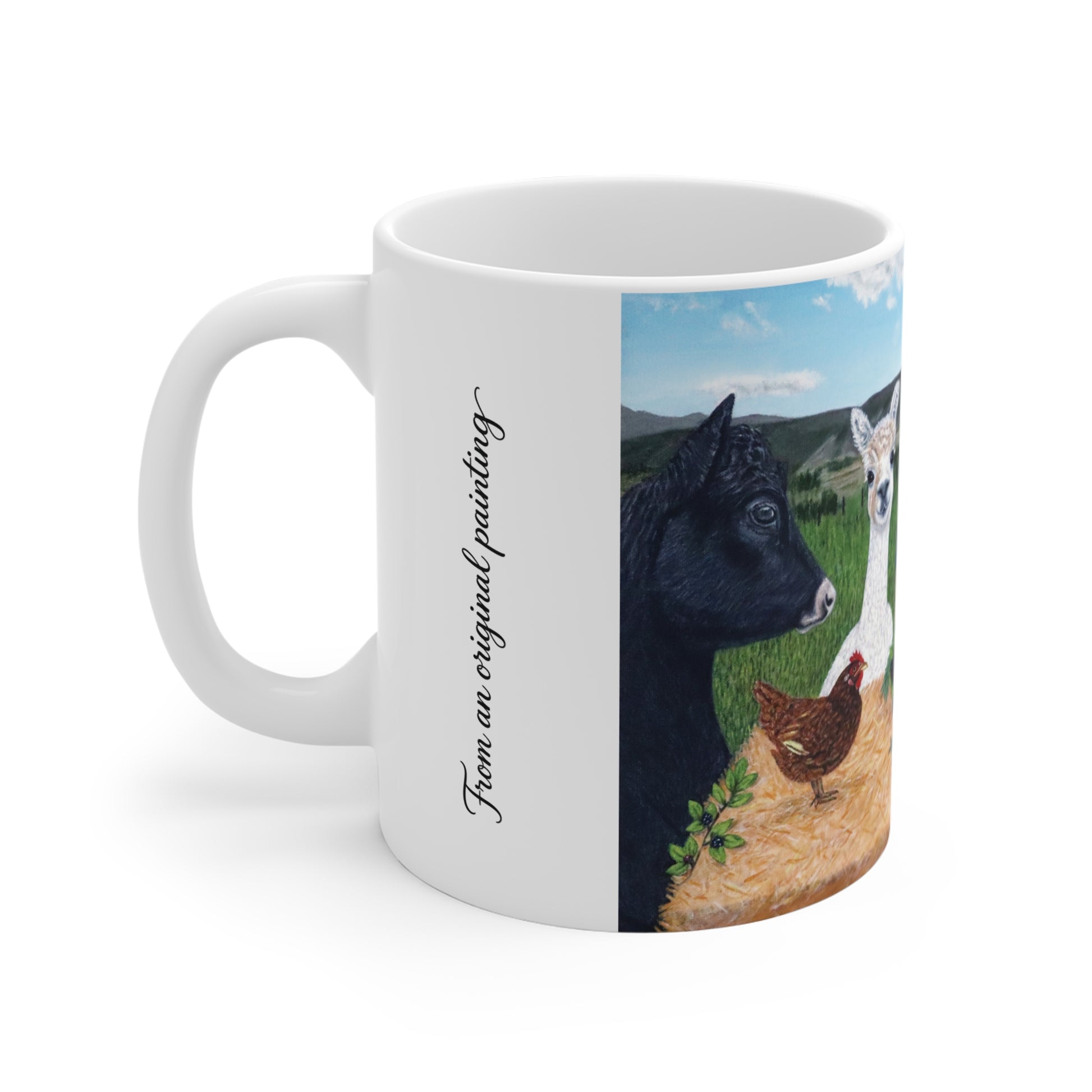 A white ceramic mug featuring a printed farm-themed painting with a black cow, a white cow, a brown chicken, green hills, and the text 'From an original painting' printed vertically on the side.