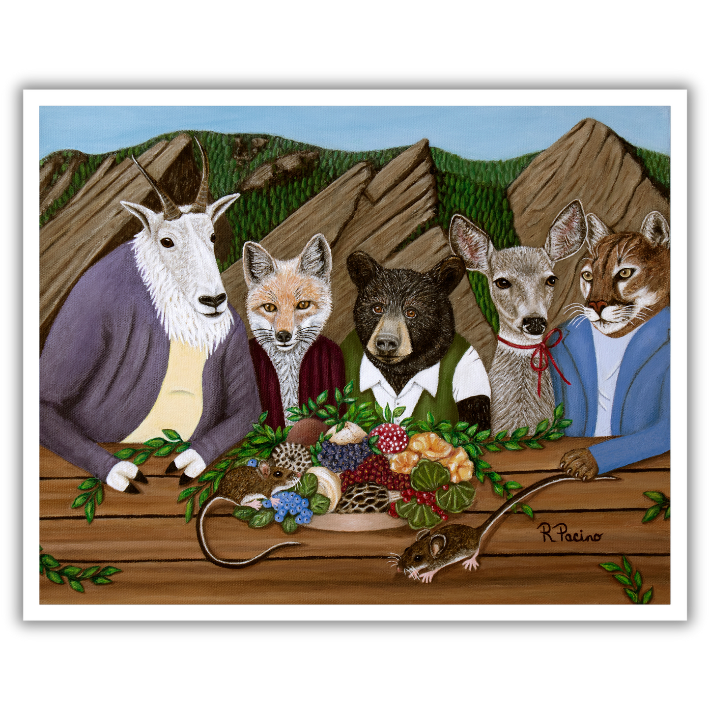 Mountain Meal by Roberta Pacino, a whimsical alpine scene of a bear, fox, deer, goat, and mountain lion sharing a meal beneath mountain peaks.