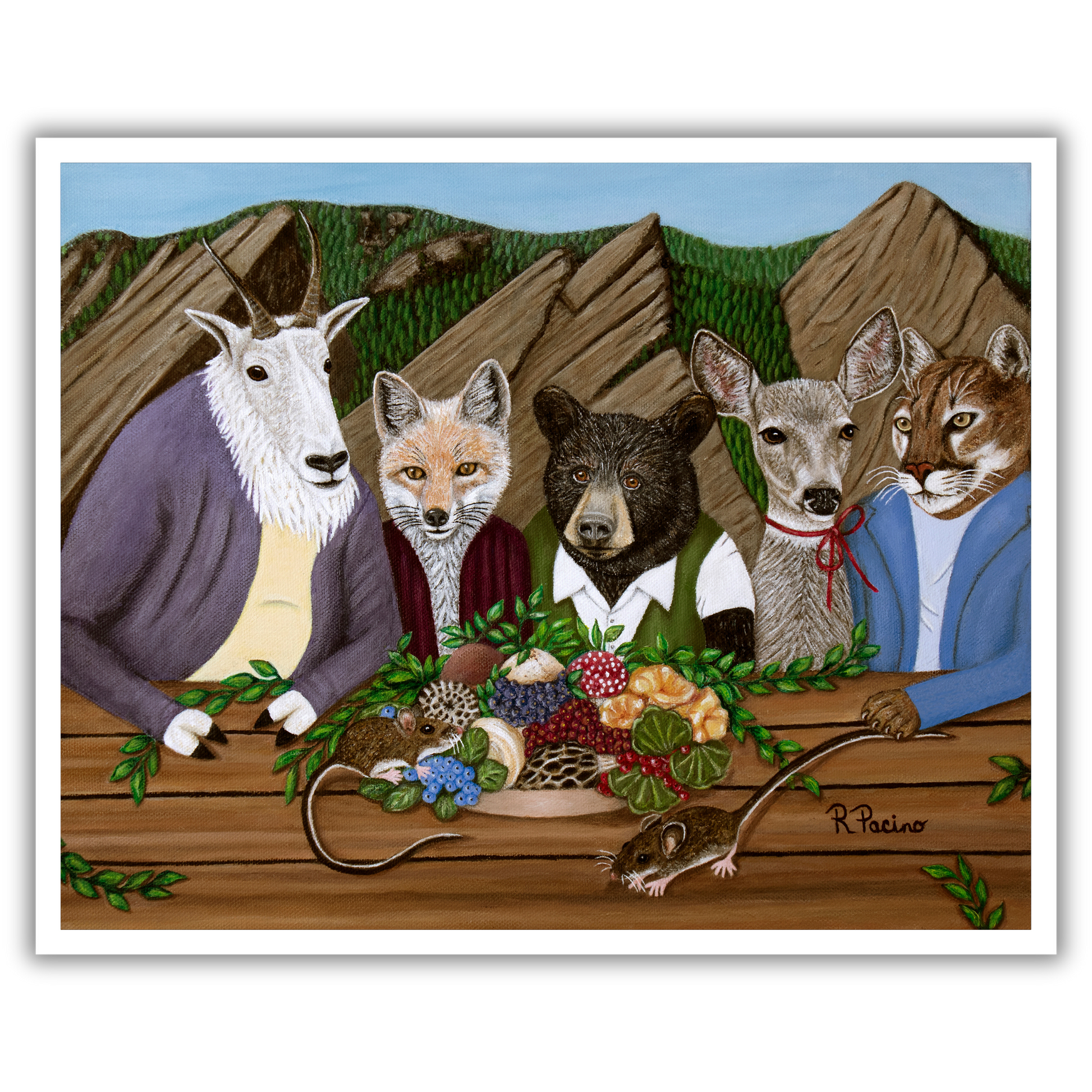 Mountain Meal by Roberta Pacino, a whimsical alpine scene of a bear, fox, deer, goat, and mountain lion sharing a meal beneath mountain peaks.