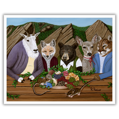 Mountain Meal by Roberta Pacino, a whimsical alpine scene of a bear, fox, deer, goat, and mountain lion sharing a meal beneath mountain peaks.