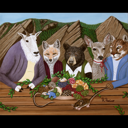 Painting of mountain animals with a table full of food.