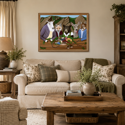 A framed art print depicting anthropomorphic wildlife at a picnic hanging on a beige wall above a cream sofa in a styled living room.