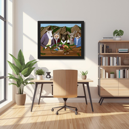 Mountain Meal Print displayed in a dark frame, featuring Colorado wildlife gathered around a picnic table beneath rugged peaks

