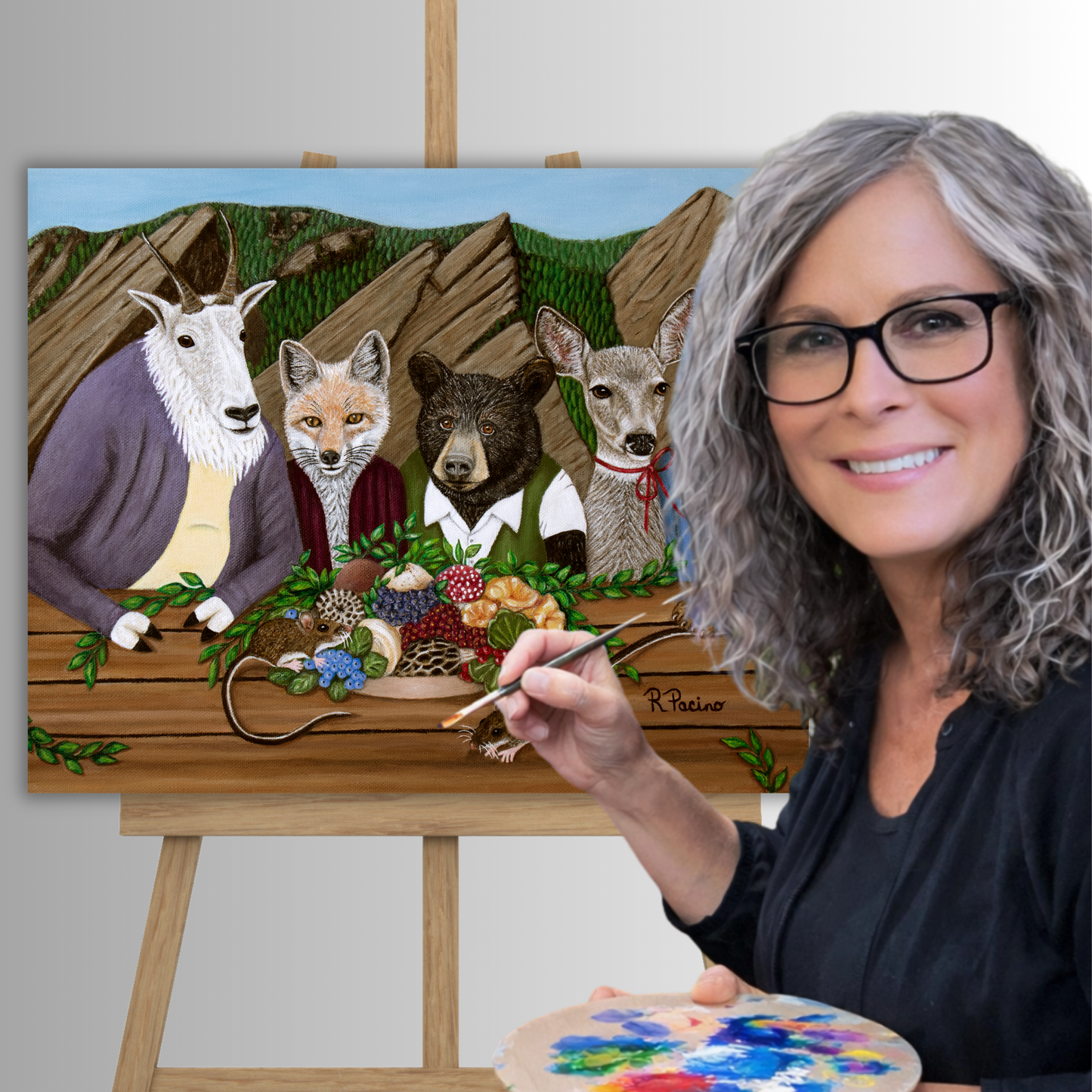 Fine artist Roberta Pacino beside her original Mountain Meal acrylic painting