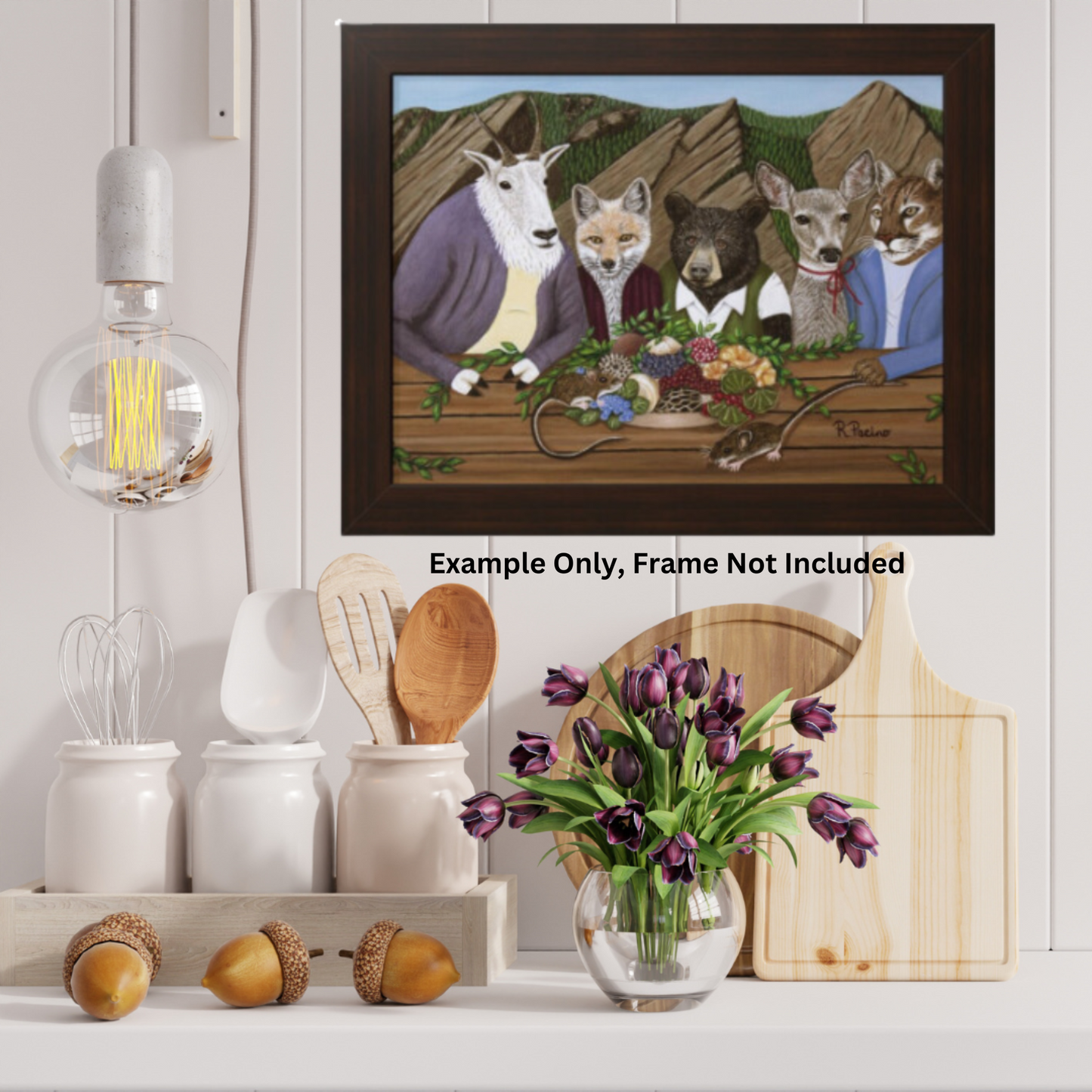 Mountain Meal – Whimsical Wildlife Dining Scene, Majestic Forest Art, by Roberta Pacino