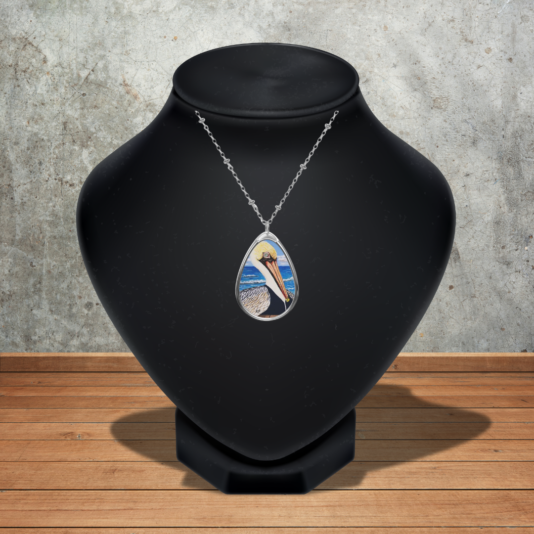 Palermo Pelican Necklace – Coastal Silver-Tone Pendant Art by Roberta Pacino