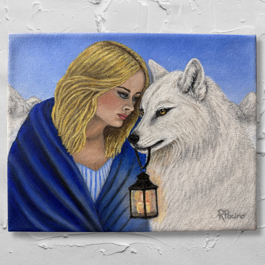 Wolf’s Guiding Light original acrylic painting of a woman with a white wolf carrying a glowing lantern by Roberta Pacino