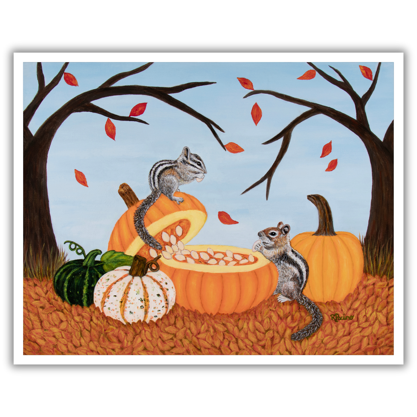 Pumpkin Patch Pals by Roberta Pacino, a whimsical autumn museum print featuring a chipmunk and squirrel gathered around pumpkins surrounded by fall leaves.