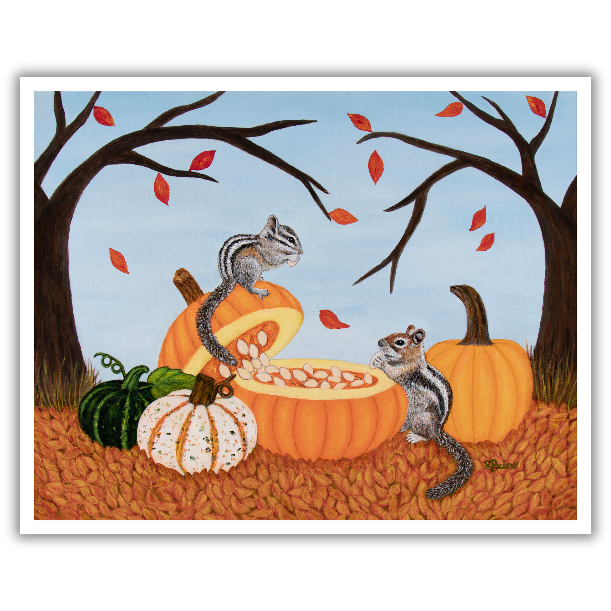 Pumpkin Patch Pals by Roberta Pacino, a whimsical autumn museum print featuring a chipmunk and squirrel gathered around pumpkins surrounded by fall leaves.