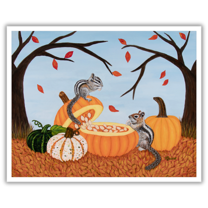 Pumpkin Patch Pals by Roberta Pacino, a whimsical autumn museum print featuring a chipmunk and squirrel gathered around pumpkins surrounded by fall leaves.