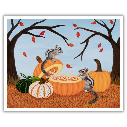 Pumpkin Patch Pals by Roberta Pacino, a whimsical autumn museum print featuring a chipmunk and squirrel gathered around pumpkins surrounded by fall leaves.