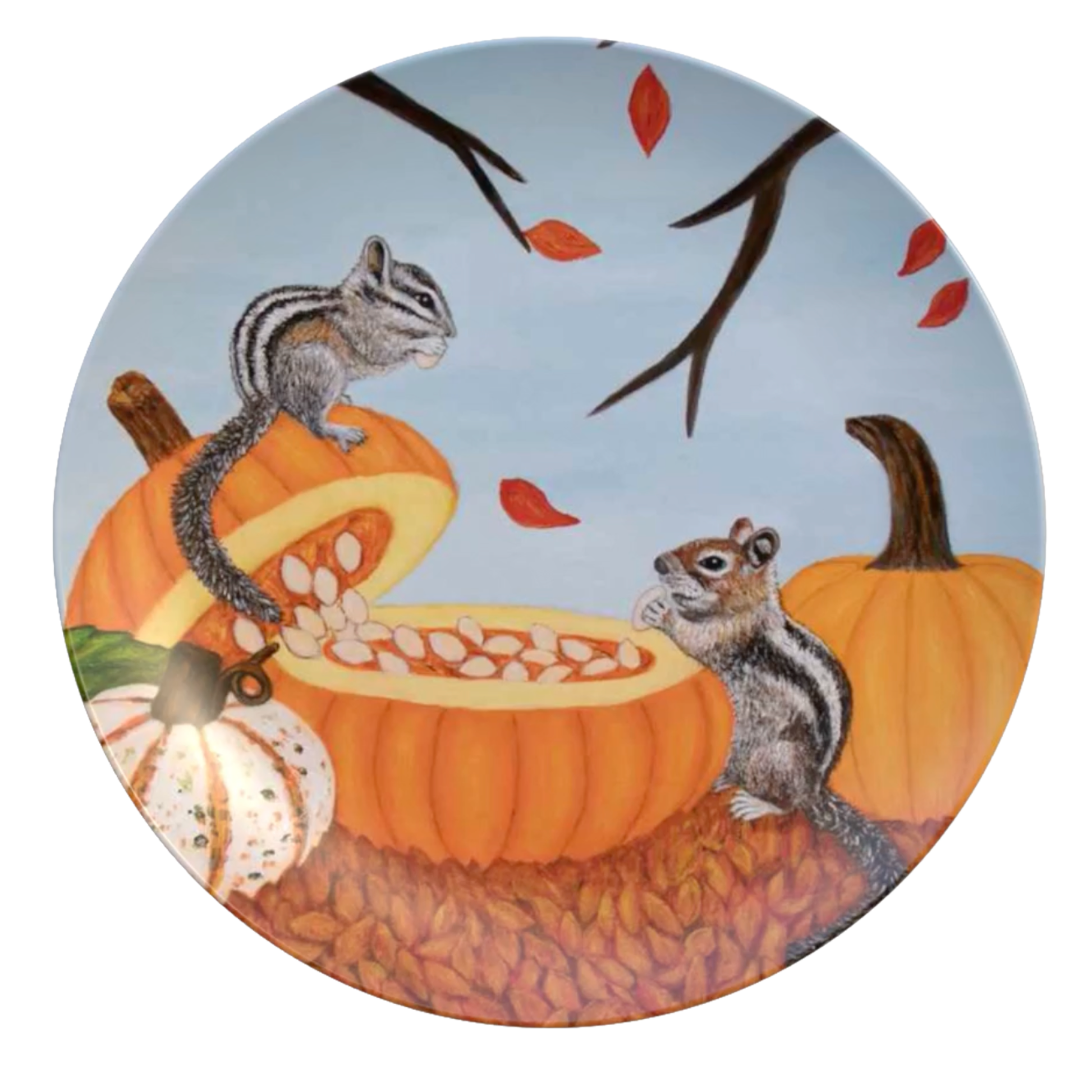 Pumpkin Patch Pals dinner plate featuring chipmunks and pumpkins artwork by Roberta Pacino