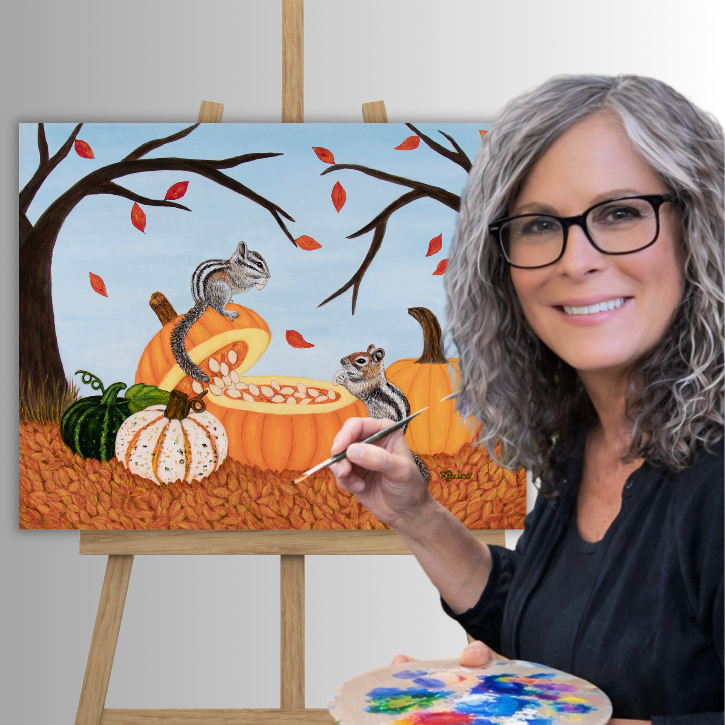 Roberta Pacino with her original Pumpkin Patch Pals acrylic painting