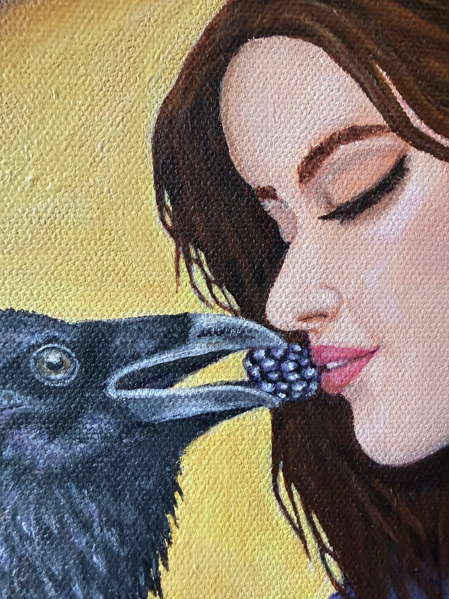 Close-up detail of Raven's Offering original acrylic painting showing raven, blackberry, and woman