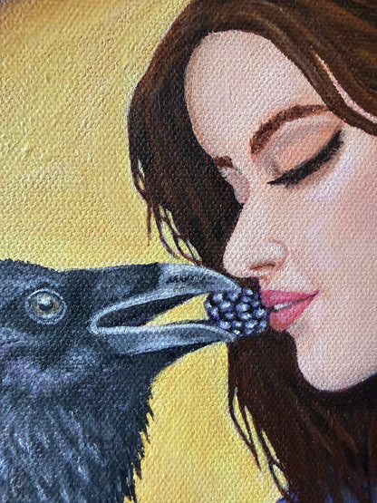 Close-up detail of Raven's Offering original acrylic painting showing raven, blackberry, and woman