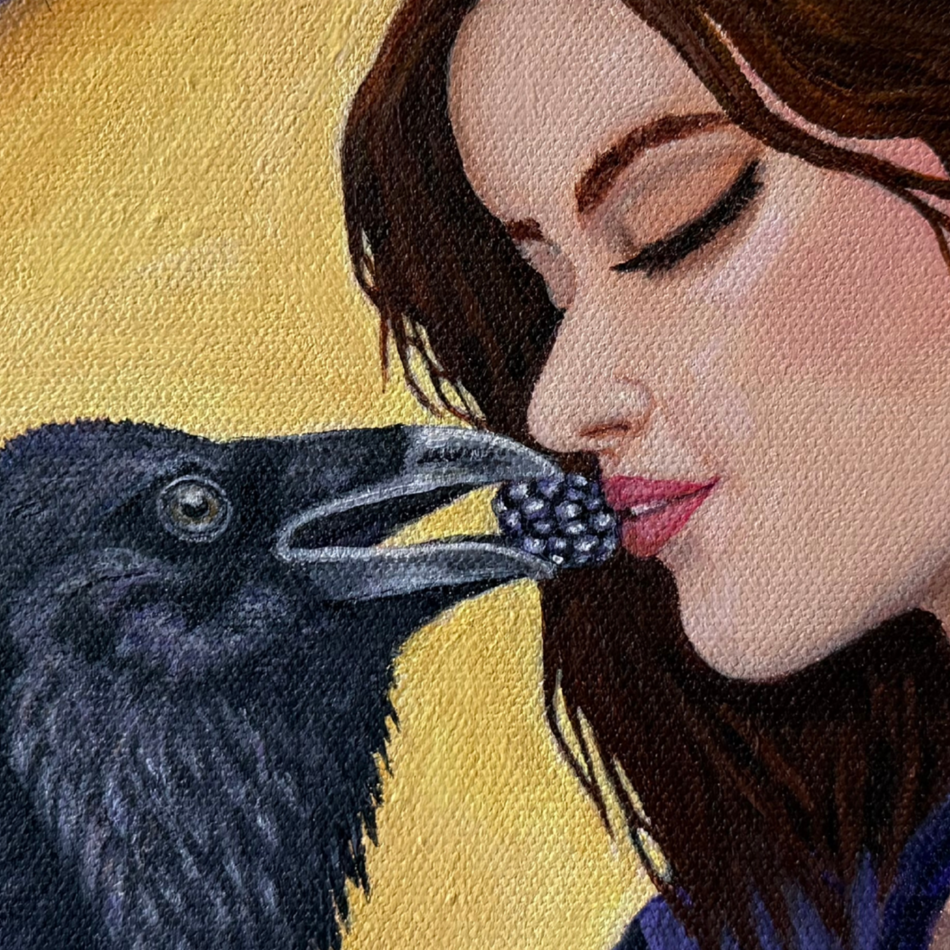 Close-up detail of Raven's Offering original acrylic painting showing raven, blackberry, and woman