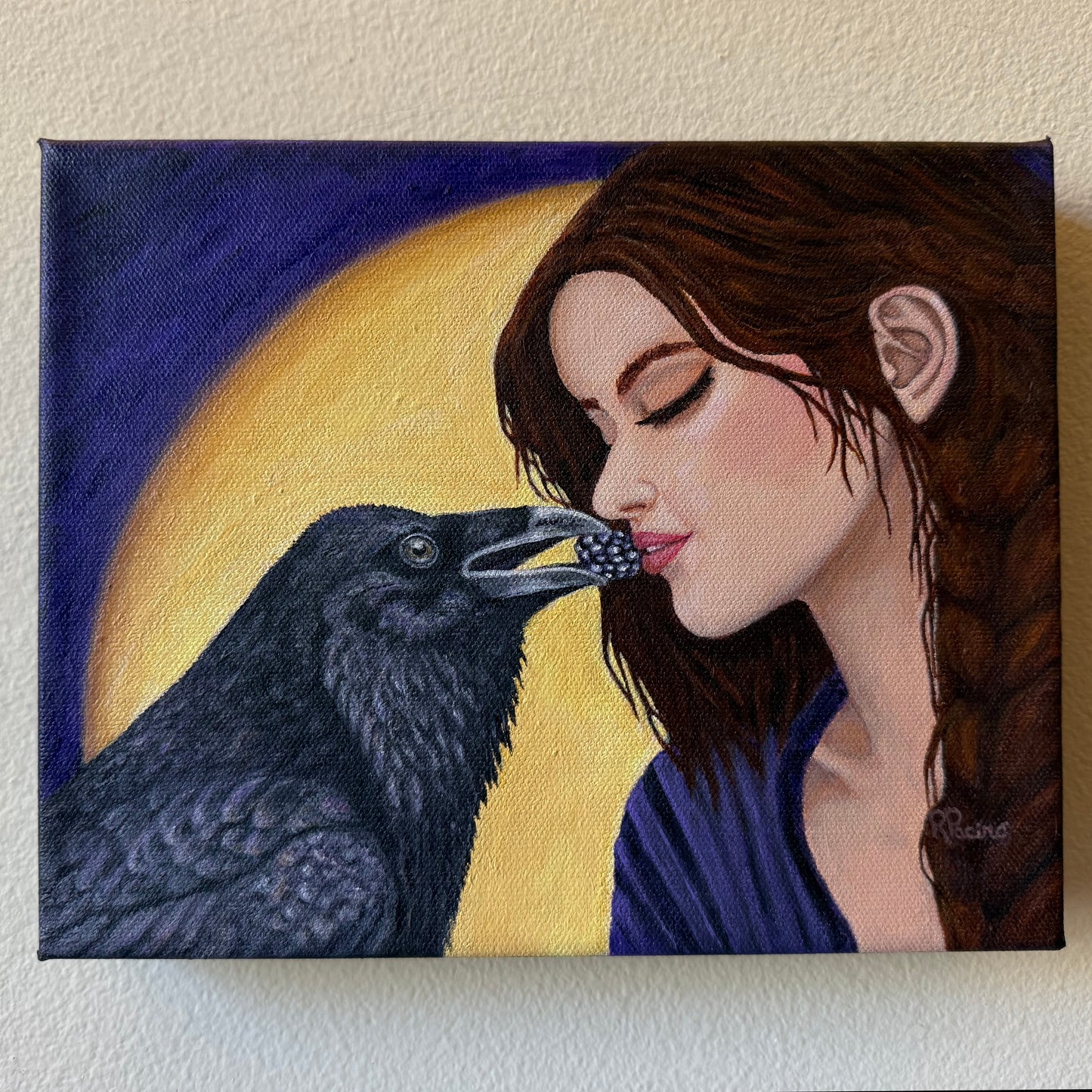 Raven's Offering original acrylic painting by Roberta Pacino featuring a raven offering a blackberry to a woman beneath a golden moon
