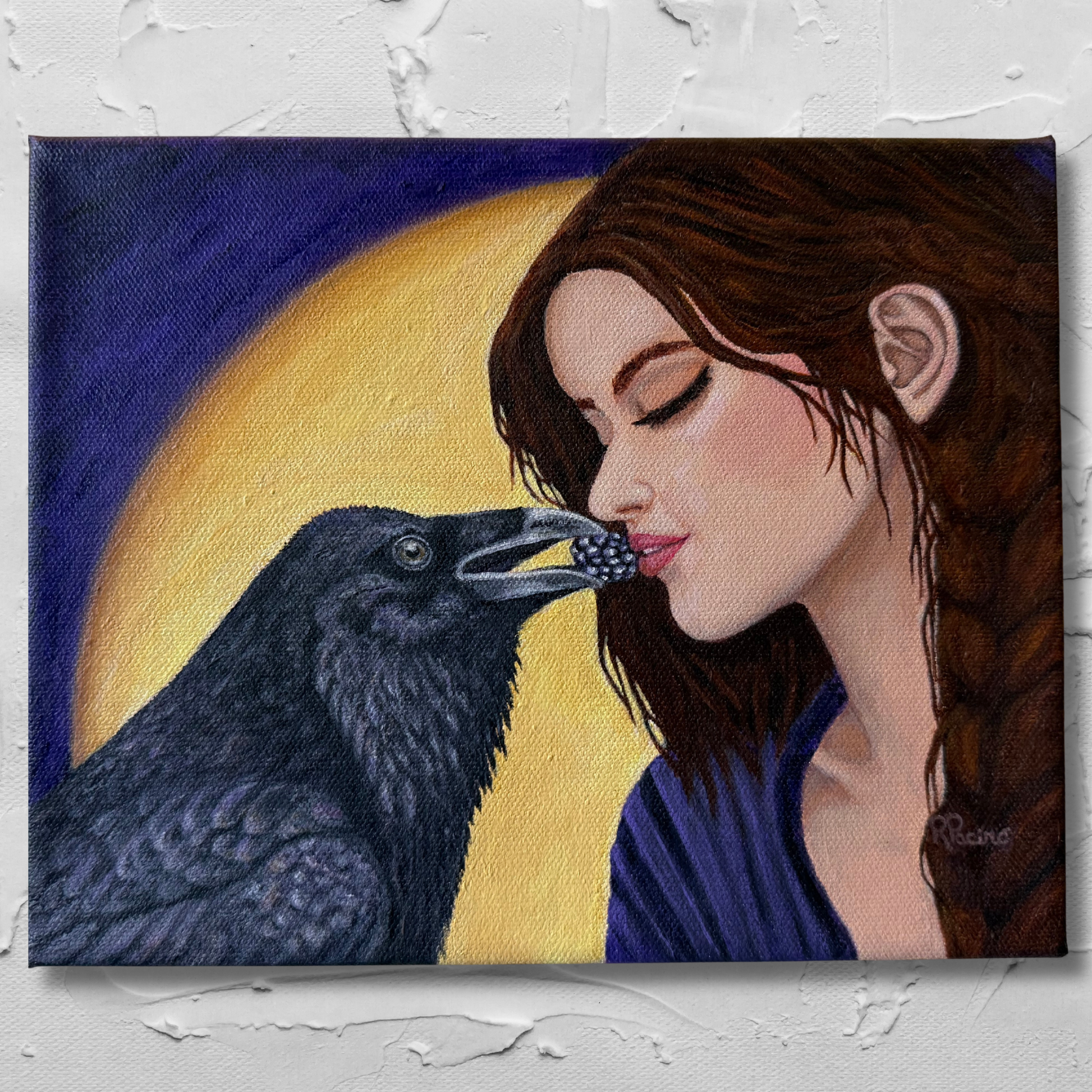 Raven's Offering original acrylic painting by Roberta Pacino featuring a raven offering a blackberry to a woman beneath a golden moon