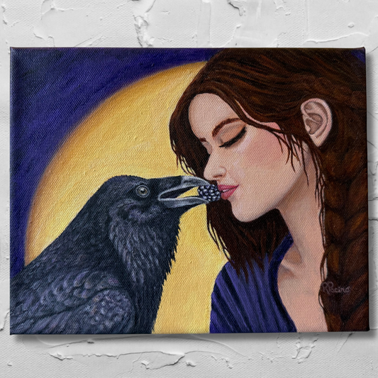 Raven's Offering original acrylic painting by Roberta Pacino featuring a raven offering a blackberry to a woman beneath a golden moon