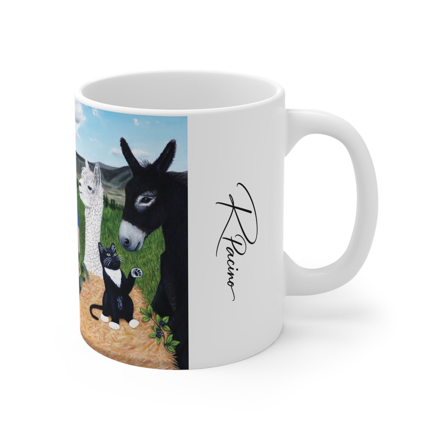 A white ceramic mug featuring a printed illustration of a black donkey, a white alpaca, and a black-and-white cat in a grassy landscape, with R Pacino signature on the side.