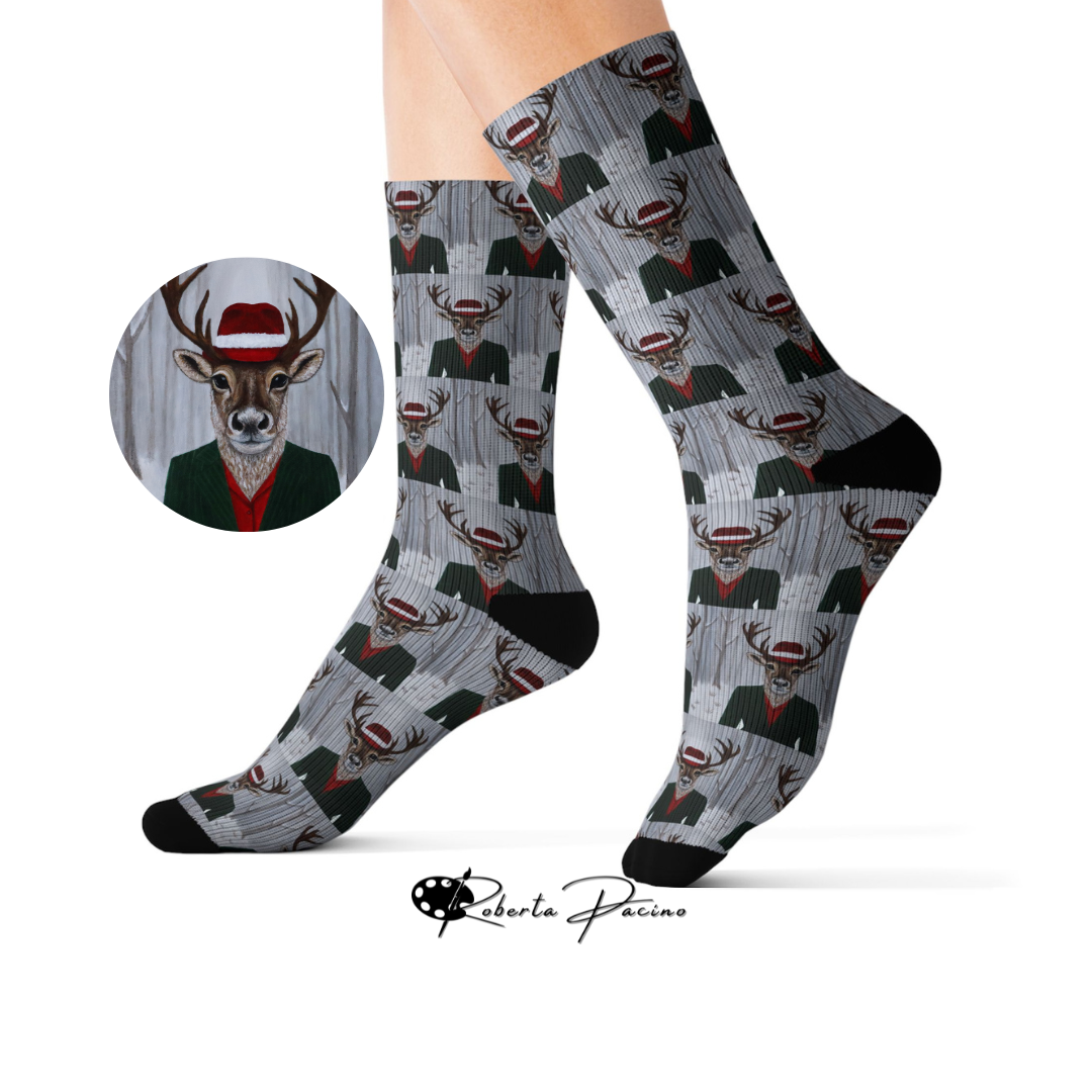 Roxy Reindeer Socks – Unisex Crew, Cushioned Bottom, Original Art by Roberta Pacino