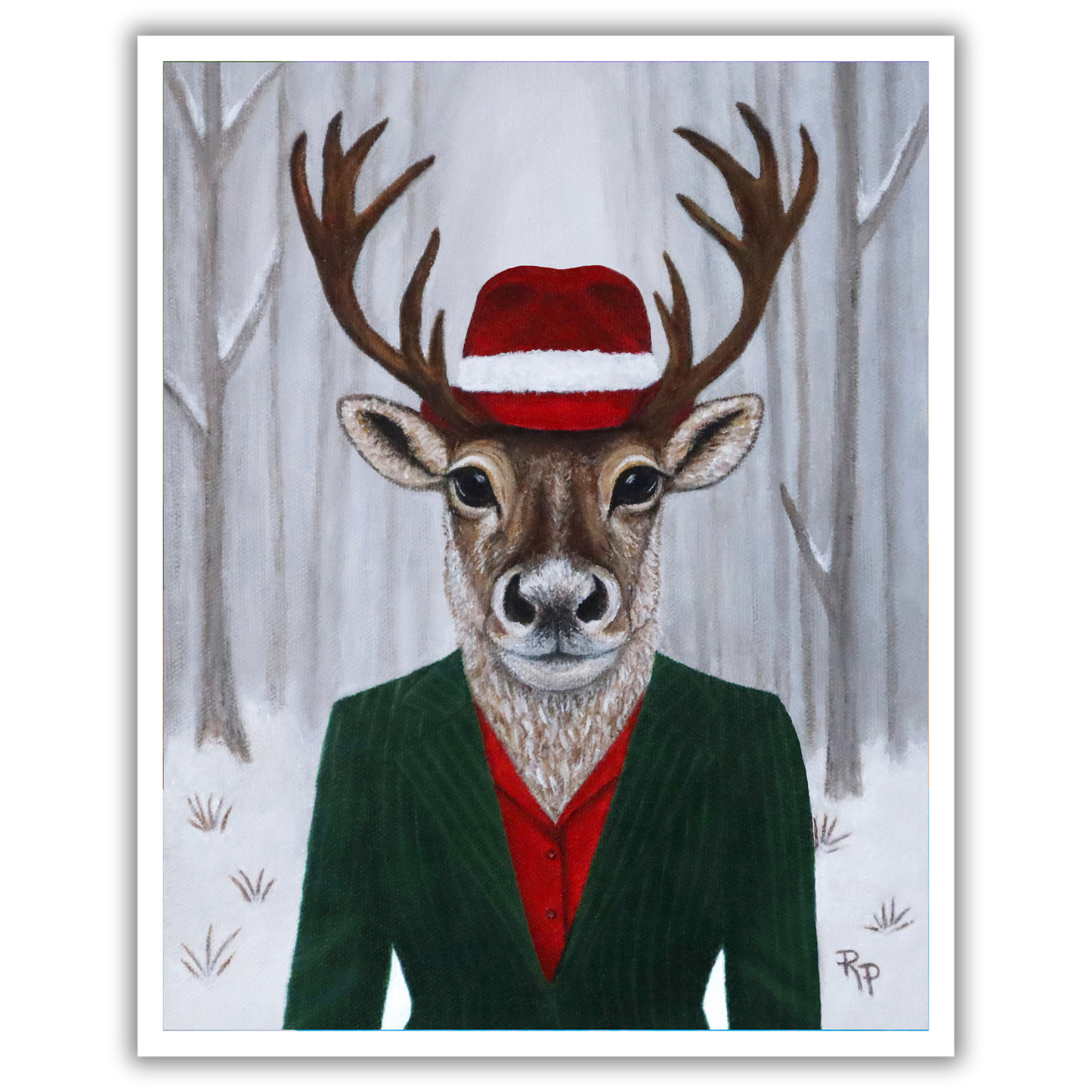 Print of a painting by Roberta Pacino of a deer wearing a suit and red fedora in a forest setting.
