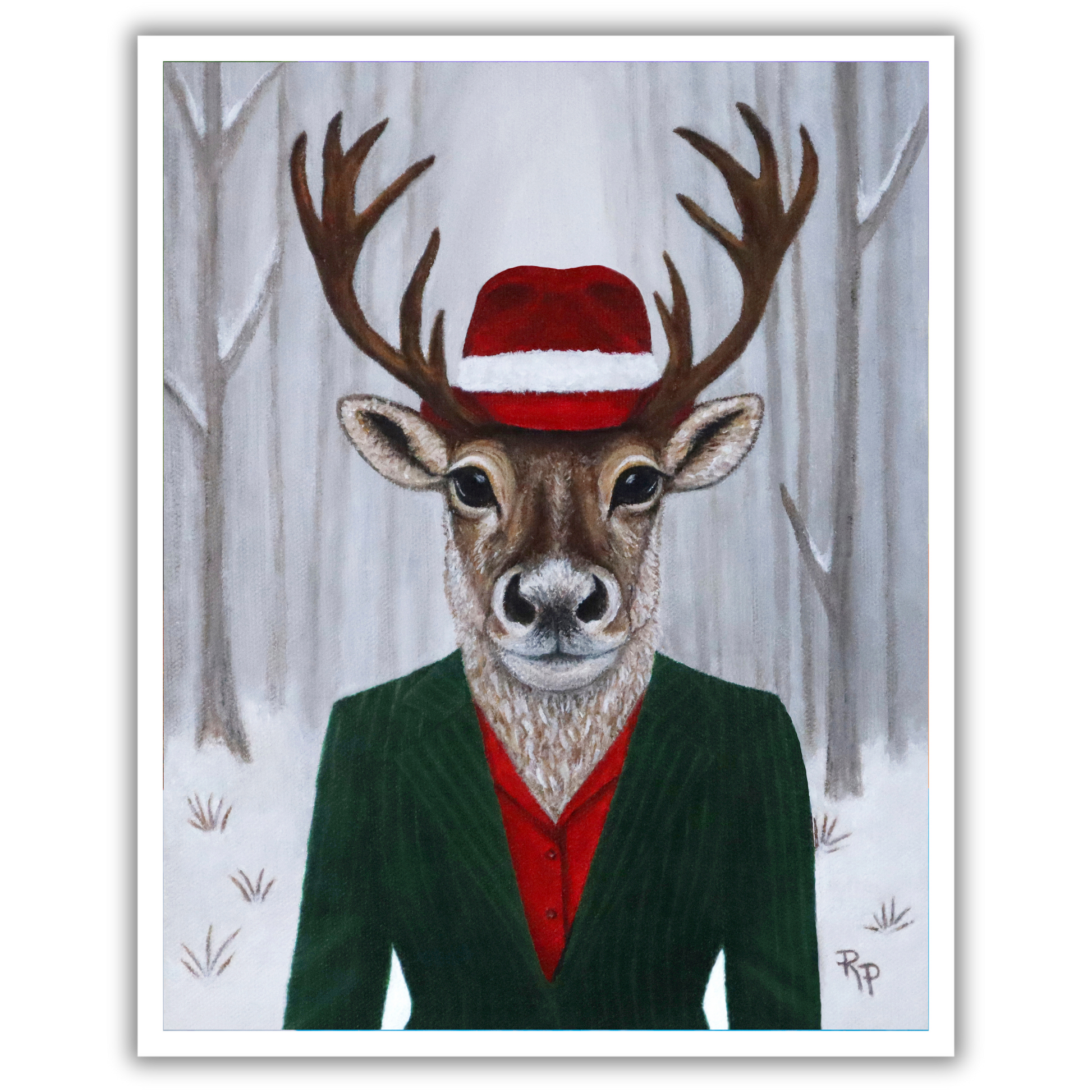 Print of a painting by Roberta Pacino of a deer wearing a suit and red fedora in a forest setting.