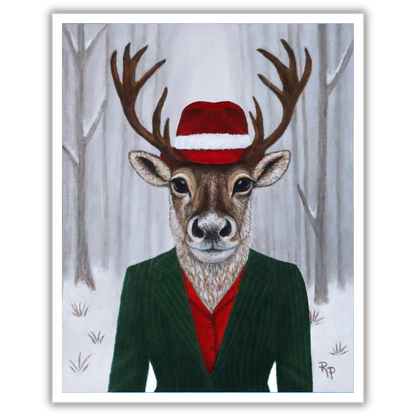 Print of a painting by Roberta Pacino of a deer wearing a suit and red fedora in a forest setting.