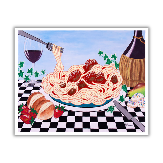 Illustration of spaghetti with red sauce on a checkered tablecloth with wine and bread. From painting by Roberta Pacino