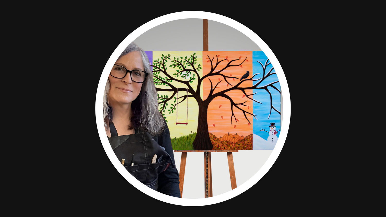 Roberta Pacino in her art studio standing in front of one of her whimsical acrylic paintings inspired by fantasy, nature, and storytelling.
