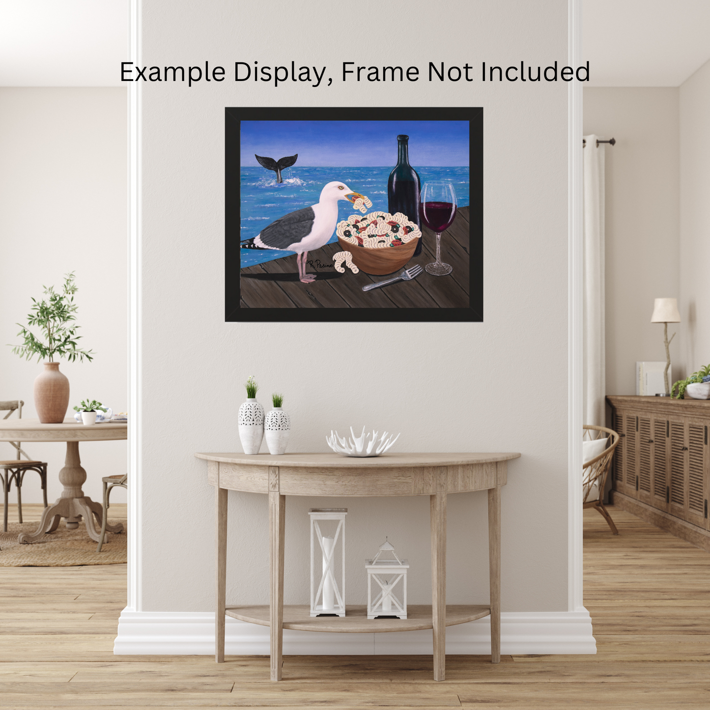 Pasta on the Pier – Whimsical Seagull Dining Art, Coastal Scene, by Roberta Pacino