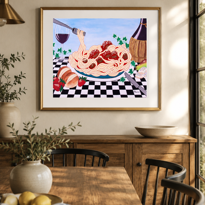 Sicilian Comfort museum print displayed in a warm Mediterranean-inspired kitchen and dining nook