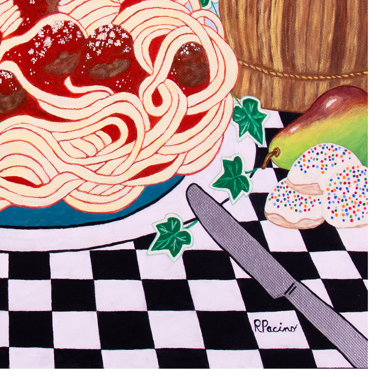 Close-up detail of Sicilian Comfort showing spaghetti, meatballs, ivy, tableware, and Roberta Pacino’s painted signature