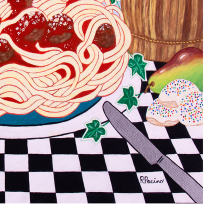 Close-up detail of Sicilian Comfort showing spaghetti, meatballs, ivy, tableware, and Roberta Pacino’s painted signature