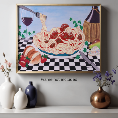 Sicilian Comfort museum print displayed in a gold frame above a console table in a neutral interior
