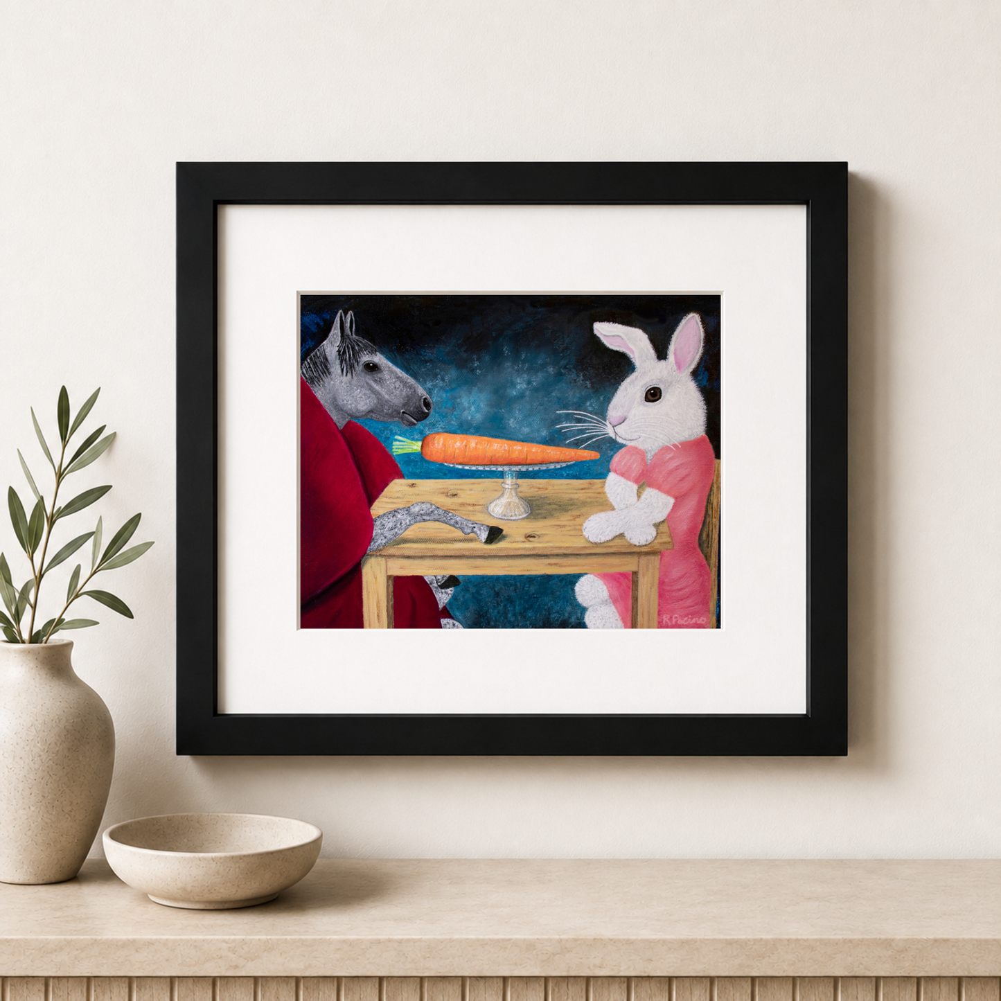 Single Carrot horse and rabbit framed print by Roberta Pacino in black wood frame with white mat