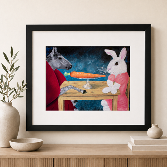 Single Carrot large horse and rabbit framed print by Roberta Pacino displayed in a room