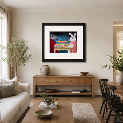 A framed art print featuring Single Carrot by Roberta Pacino, styled in a modern living room above a wooden console table