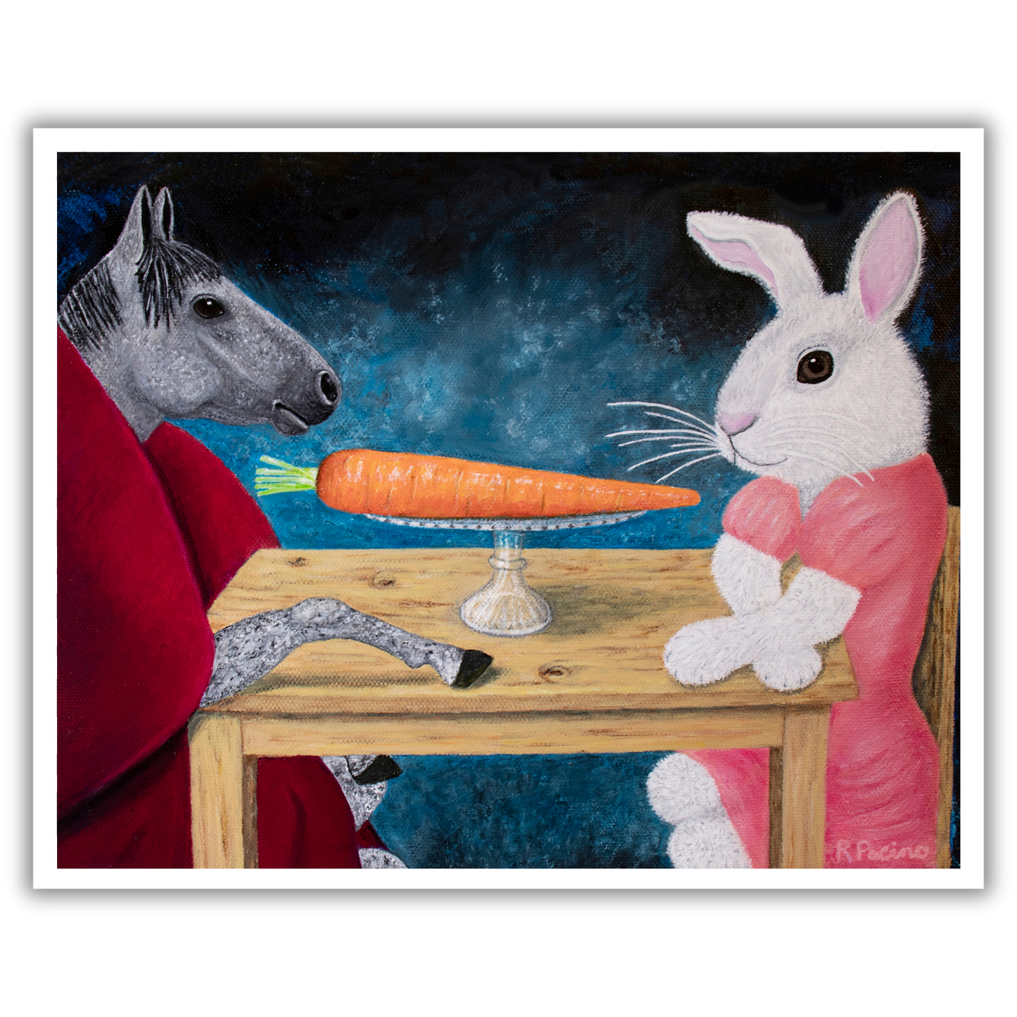 Single Carrot by Roberta Pacino, a whimsical museum print featuring a gray horse in a maroon robe and a white rabbit in pink seated at a wooden table with a single carrot on a pedestal.