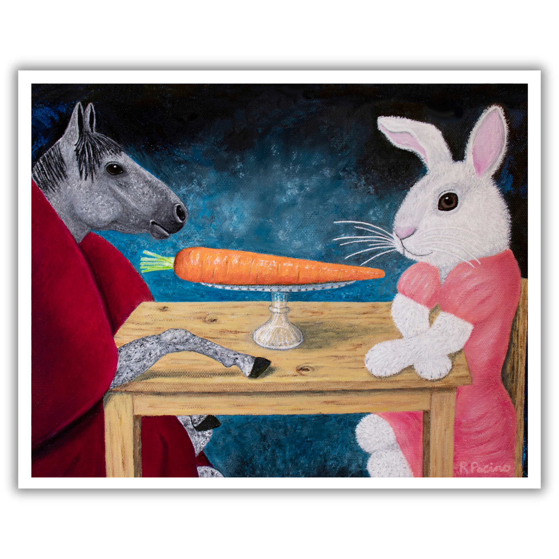 Single Carrot by Roberta Pacino, a whimsical museum print featuring a gray horse in a maroon robe and a white rabbit in pink seated at a wooden table with a single carrot on a pedestal.