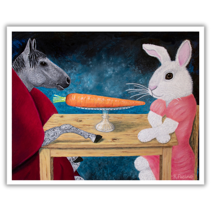 Single Carrot by Roberta Pacino, a whimsical museum print featuring a gray horse in a maroon robe and a white rabbit in pink seated at a wooden table with a single carrot on a pedestal.