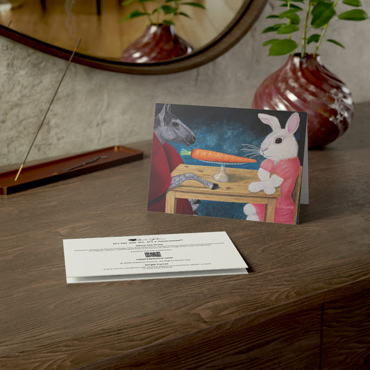 Greeting card with a Horse and Rabbit , Single Carrot Painting by Roberta Pacino on a wooden surface