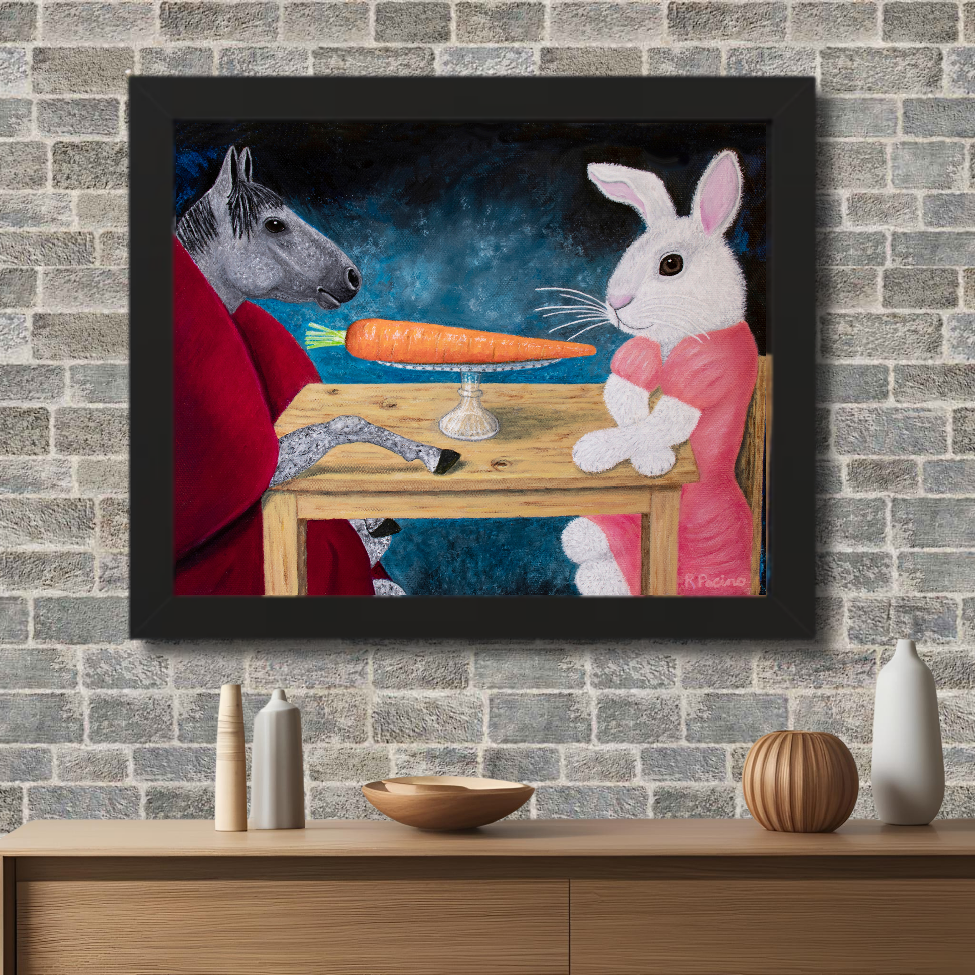 Framed Single Carrot Print Featuring a Horse and Rabbit Dining on Carrot