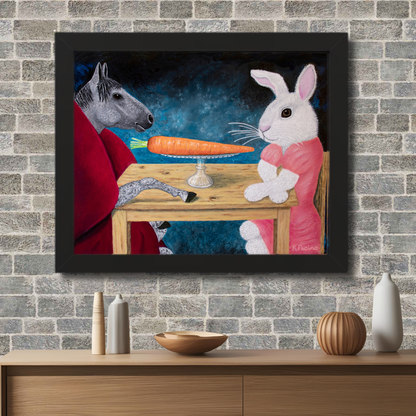 Framed Single Carrot Print Featuring a Horse and Rabbit Dining on Carrot