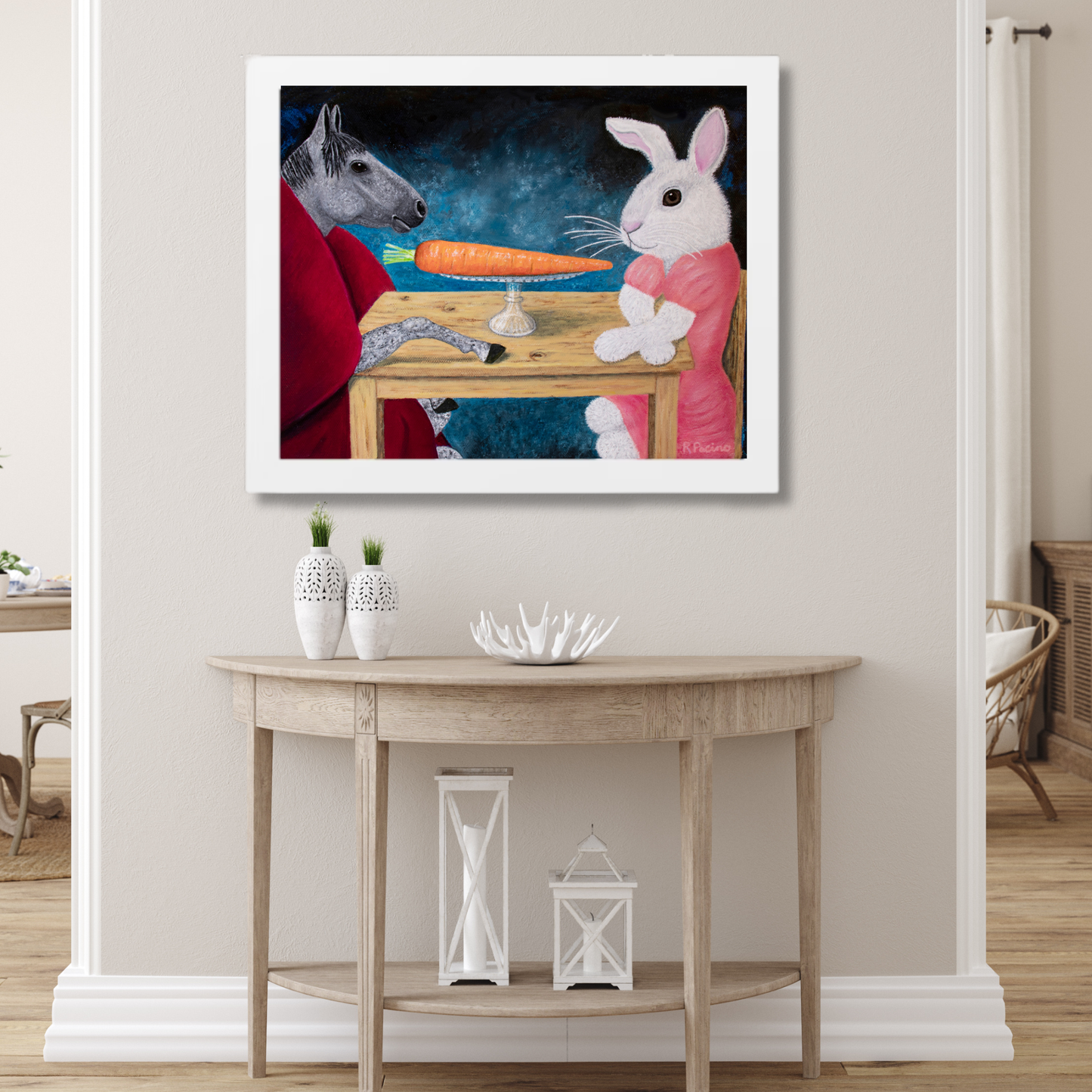 Single Carrot Framed Art Print — Horse and Rabbit by Roberta Pacino